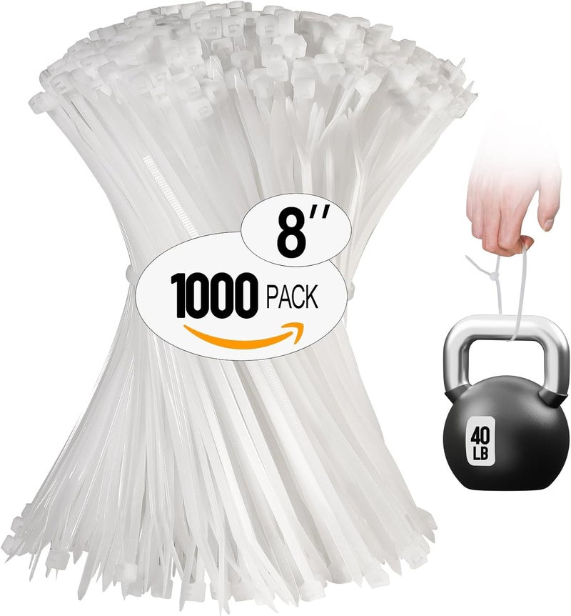 REZOSY White Zip Ties 8 Inch 1000 Pack Clear Tensile Strength 40 lbs UV Resistant Industrial Cable Ties Self Locking Zipties Wire Ties Wrap Indoor Outdoor Use for Fence Garage Camping - Image 1
